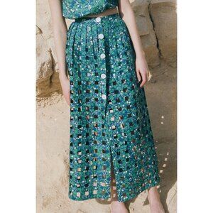 Coco Shop Basket Skirt Blue Green Floral Dark Limes Grid Squares Check Maxi XS